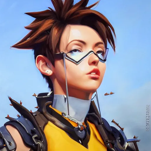 Prompt: oil painting of tracer overwatch in a field wearing thick spiked collar around neck, in style of mark arian, expressive face, wearing choker, large steel collar, steel choker, wearing collar on neck, detailed face, detailed eyes, full body, feminine face, tracer overwatch,