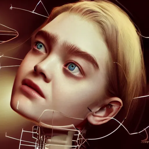 Image similar to a striking hyper real illustration of Elle Fanning with cybernetics by Gustavo Doré