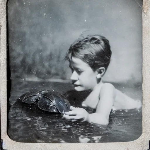 Prompt: tintype photo, swimming underwater, kid with huge beetle