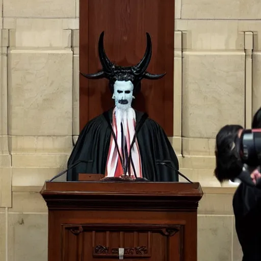 Prompt: satan in the spanish congress of deputies at the speaker's lectern