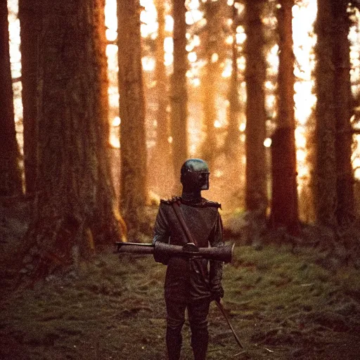 Image similar to close up kodak portra 4 0 0 photograph of a roman legimeer after the battle standing in dark forest, moody lighting, telephoto, 9 0 s vibe, blurry background, vaporwave colors, faded