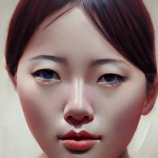 Image similar to perfect, realistic oil painting of close-up japanese girl face, by Sakimichan, by an American professional senior artist, Hollywood concept, dynamic composition and motion, postproduction.