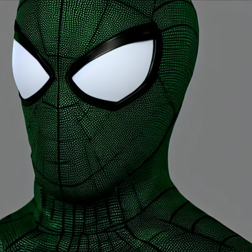 Image similar to green spider - man suit with black web lining, cinematic, volumetric lighting, realistic, hyperdetailed, photorealistic, photograph