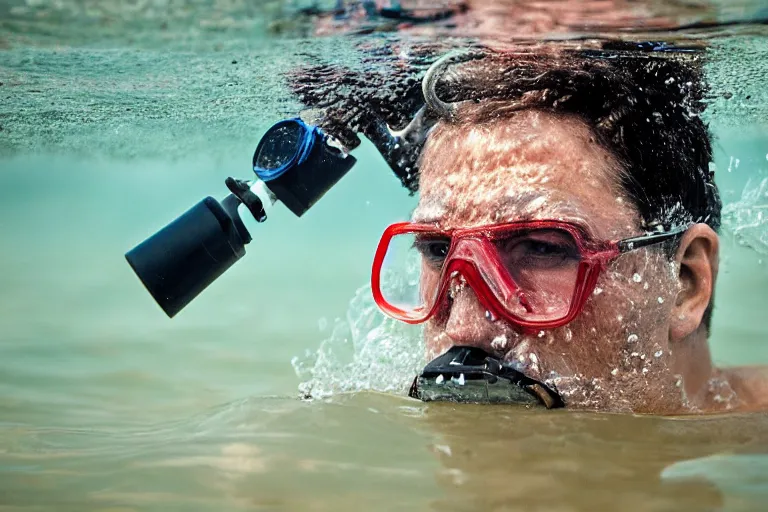 Image similar to closeup potrait of a man snorkeling underwater in flooded amsterdam, photograph, natural light, sharp, detailed face, magazine, press, photo, Steve McCurry, David Lazar, Canon, Nikon, focus