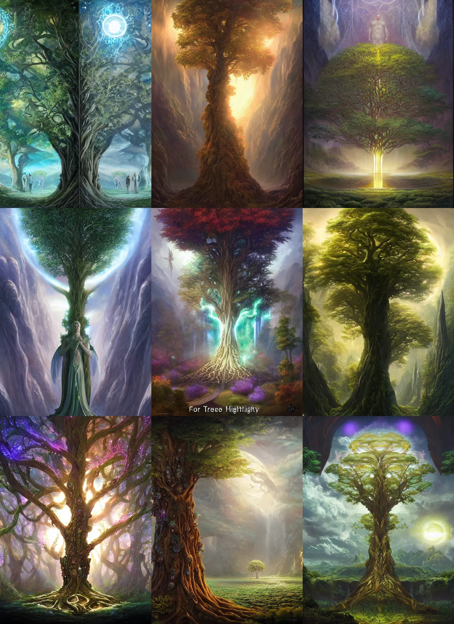 Prompt: tree of life, four seasons, volymetric light, highly detailed matte painting by ( ohrai ), charlie bowater and mark brooks