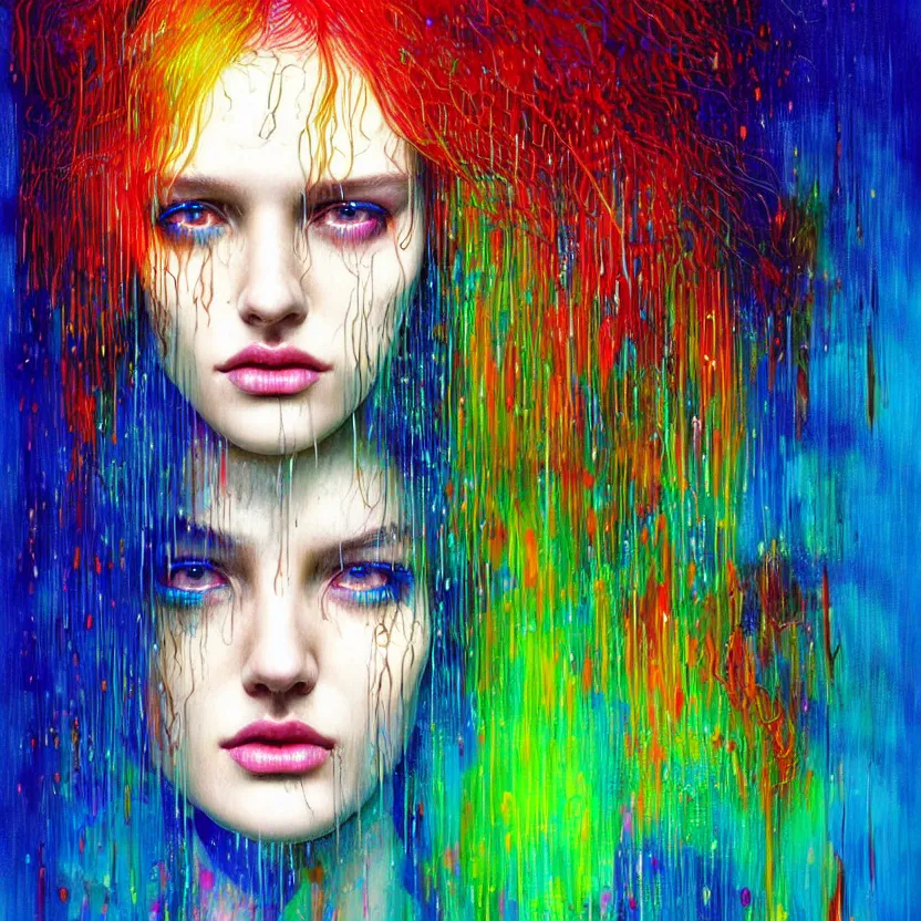 Image similar to bright asthetic portrait of LSD in rain with wet hair and face, liquid, fantasy, intricate, elegant, dramatic lighting, highly detailed, lifelike, photorealistic, digital painting, artstation, illustration, concept art, smooth, sharp focus, art by John Collier and Albert Aublet and Krenz Cushart and Artem Demura and Alphonse Mucha