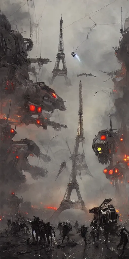 Image similar to war of the worlds, giant mech attack paris, human soldiers, eiffel tower! intense fighting, glowing lights!! digital painting, very detailed, art by jakub rozalski