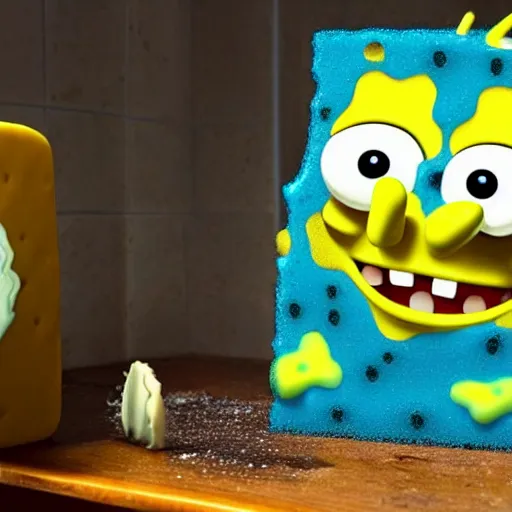 Image similar to A horrific photo of SpongeBob after years of use as a regular Kitchen sponge