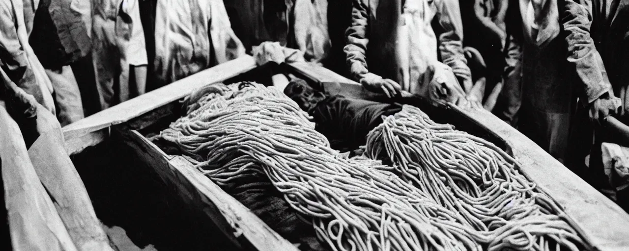 Image similar to a dead person in a coffin made of spaghetti, funeral procession, canon 5 0 mm, cinematic lighting, photography, retro, film, kodachrome