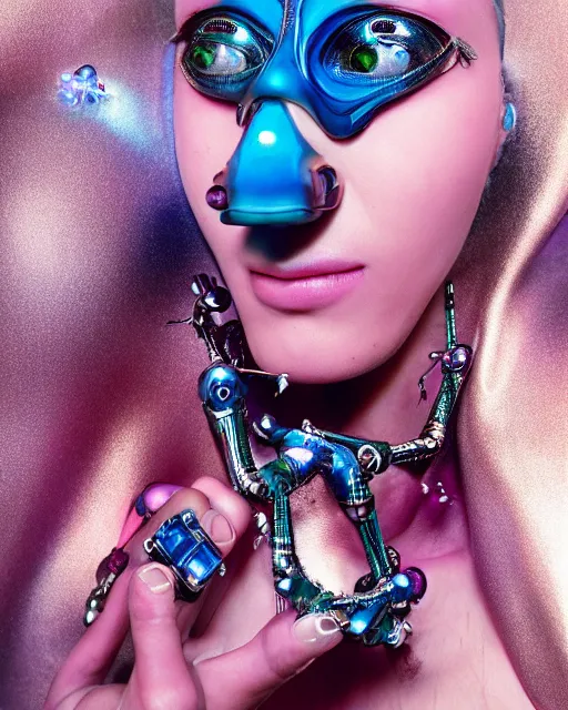 Image similar to natural light, soft focus portrait of a cyberpunk anthropomorphic fly with soft synthetic pink skin, blue bioluminescent plastics, smooth shiny metal, elaborate ornate jewellery, piercings, skin textures, by annie leibovitz, paul lehr