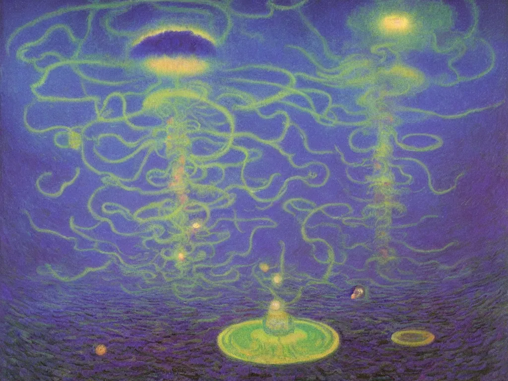 Prompt: study of the psychedelics dream bot mothership thunderstorm. painting by monet, wayne barlowe, agnes pelton, rene magritte, moebius