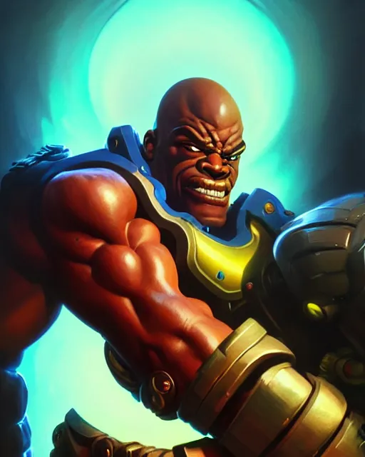 Image similar to doomfist from overwatch, elegant, confident, smug, ripped, buff, strong, colorful, fantasy, fantasy art, character portrait, portrait, close up, highly detailed, intricate detail, amazing detail, sharp focus, vintage fantasy art, vintage sci - fi art, radiant light, caustics, by boris vallejo