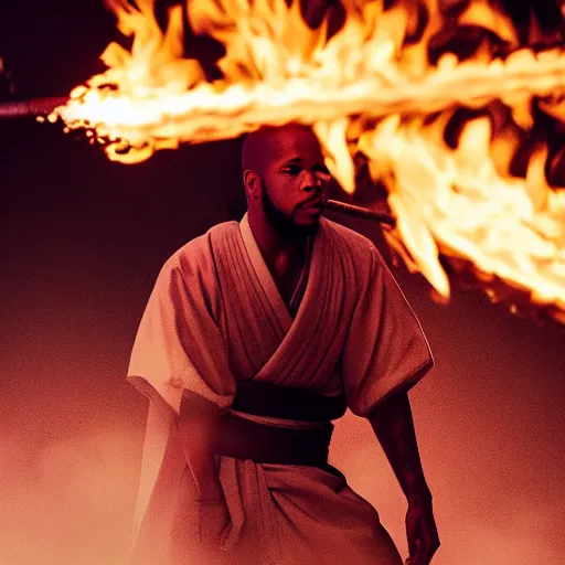 Image similar to cinematic film still of Tory Lanez starring as a Samurai holding fire, Japanese CGI, VFX, 2003, 400mm lens, f1.8, shallow depth of field,film photography