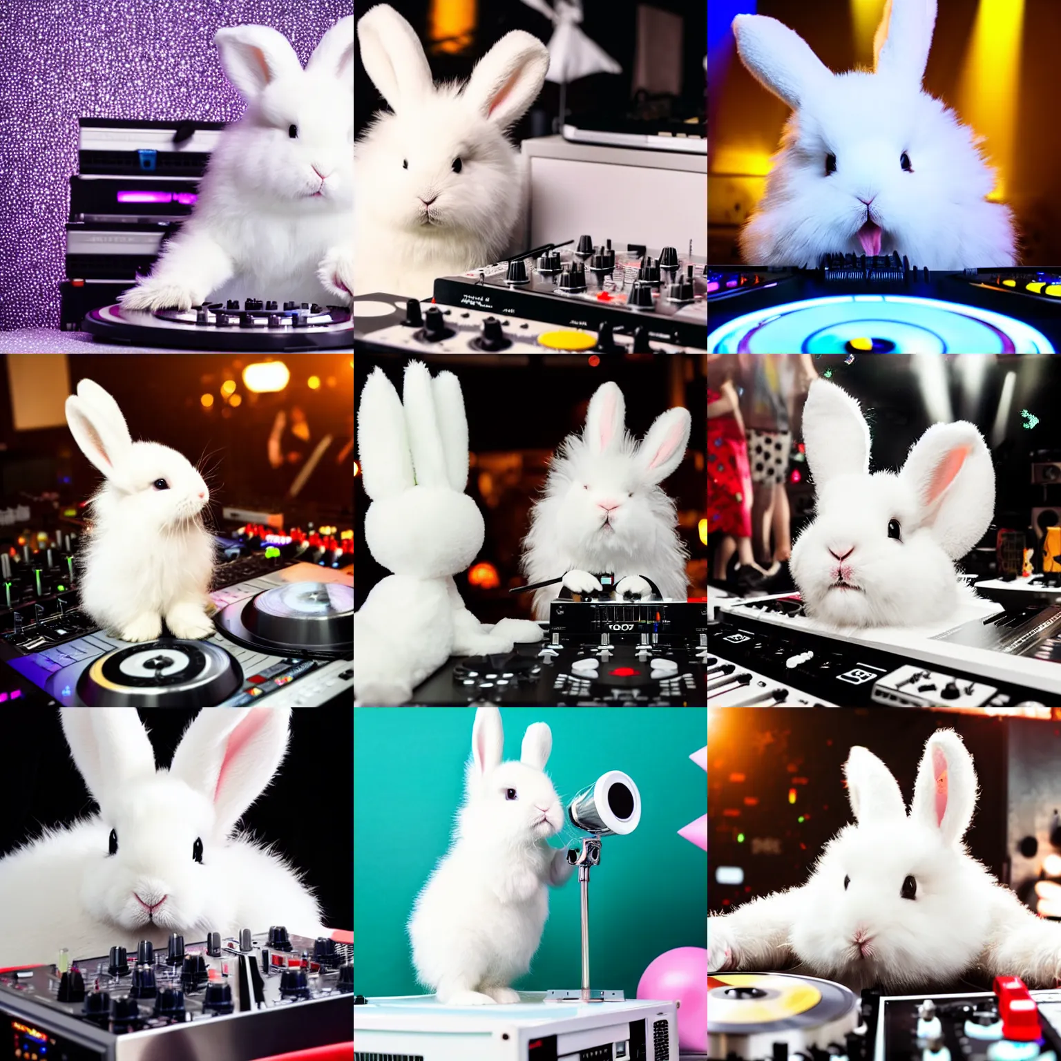 Prompt: super cute fluffy white bunny rabbit drinking and partying while DJing with DJ turntables, photoreal
