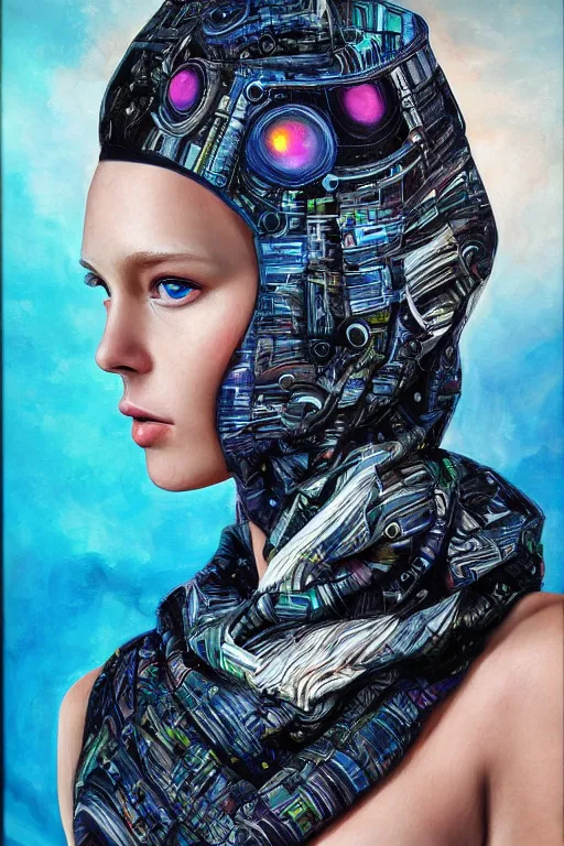 Prompt: photorealism oil painting, portrait of cyborg fashion model with beautiful eyes, black scarf, ocean background mixed with generative art from artblock, in style of classicism mixed with 8 0 s japanese sci - fi books art
