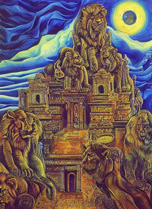 Image similar to “A surreal oil painting of an ancient temple guarded by lions, by Dan Mumford and Umberto Boccioni, realistic shading, complimentary colors, vivid colors, aesthetically pleasing composition, masterpiece, 4k, 8k, ultra realistic, super realistic”