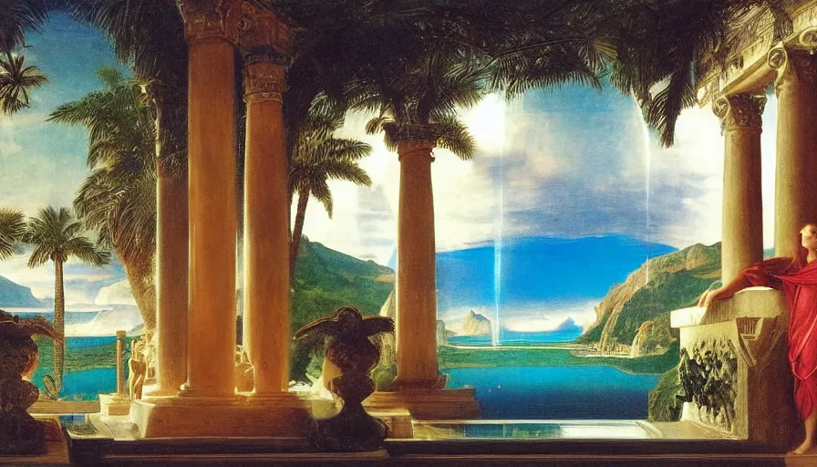 Image similar to Inside the Palace of the occult, mediterranean balustrade and columns, refracted sparkles, thunderstorm, greek pool, beach and Tropical vegetation on the background major arcana sky and occult symbols, by paul delaroche, hyperrealistic 4k uhd, award-winning, very detailed paradise