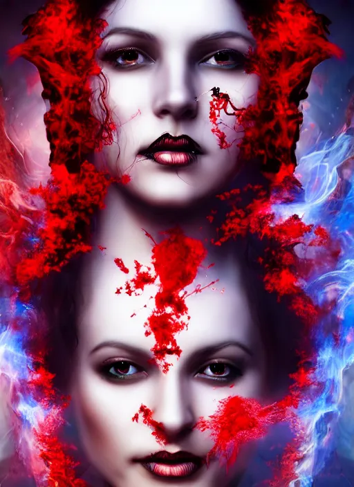 Image similar to a beautiful detailed 3 d matte painting, variations around female, queen, necromancer, symmetrical features, vertical portrait, whirling smoke, embers, red adornements, red torn fabric