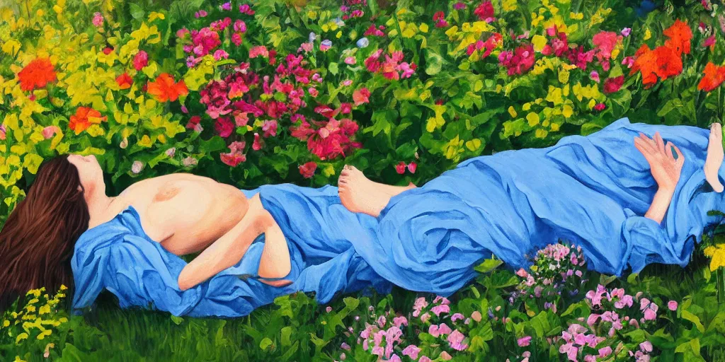 Image similar to painting of woman in fetal position lying down in garden