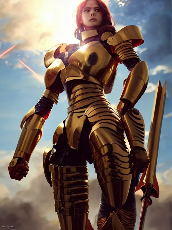 Prompt: picture of fully armored valkyrie, crimson plated, sword and shield, golden wings, divine vibes, light brown hair, white skin, shiny golden eyes, pretty, sky background, sharp focus, highly detailed, cinematic lighting, studio quality, smooth render, unreal engine 5 rendered, octane, rendered, by artgerm, greg rutkowski, alphonse mucha