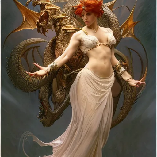 Image similar to a stunning dynamic pose full body of a celestial goddess of the dragons, intricate, 8k highly professionally detailed, hdr, CGSociety, dark fantasy, dynamic lighting, cinematic, pristine, smooth, cosplay, elegant, sharp focus, art by alphonse mucha and greg rutkowski,