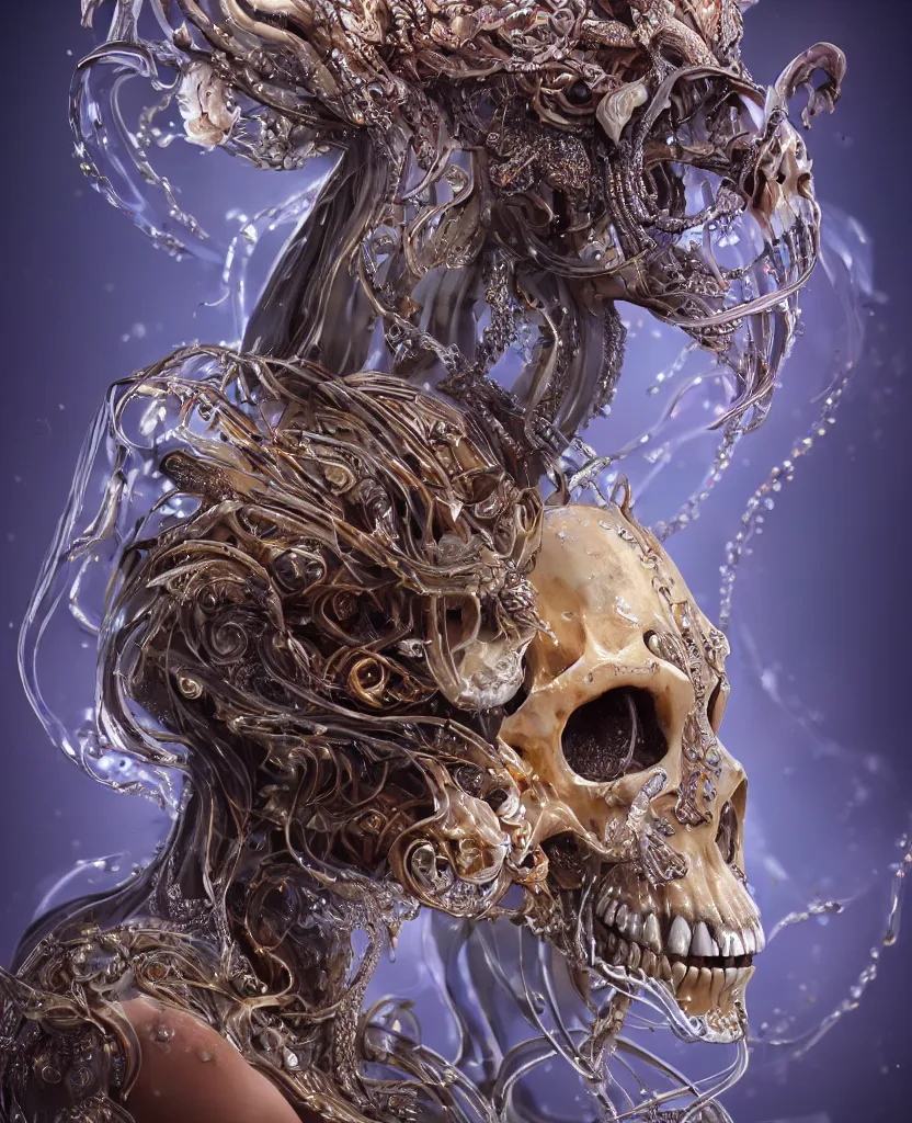 Prompt: close-up macro portrait of the face of a beautiful princess with animal skull mask, epic angle and pose, symmetrical artwork, 3d with depth of field, blurred background, cybernetic jellyfish female face skull phoenix bird, translucent, nautilus, energy flows of water and fire. a highly detailed epic cinematic concept art CG render. made in Maya, Blender and Photoshop, octane render, excellent composition, cinematic dystopian brutalist atmosphere, dynamic dramatic cinematic lighting, aesthetic, very inspirational, arthouse. y Greg Rutkowski, Ilya Kuvshinov, WLOP, Stanley Artgerm Lau, Ruan Jia and Fenghua Zhong