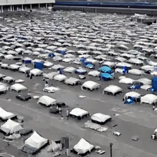 Prompt: cctv footage of homeless tent city in walmart, high angle security camera feed, blurry and glitchy,