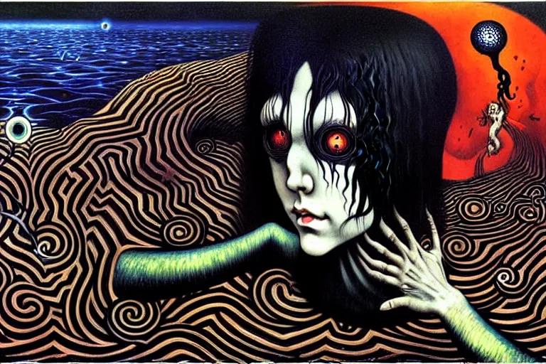 Prompt: a true hero, sinking, wrapped in black, clutching a hopespark in the drifting voids. Fantasy, vibrant oil painting, Art Nouveau, Art Deco, by Edvard Junjiito Picasso