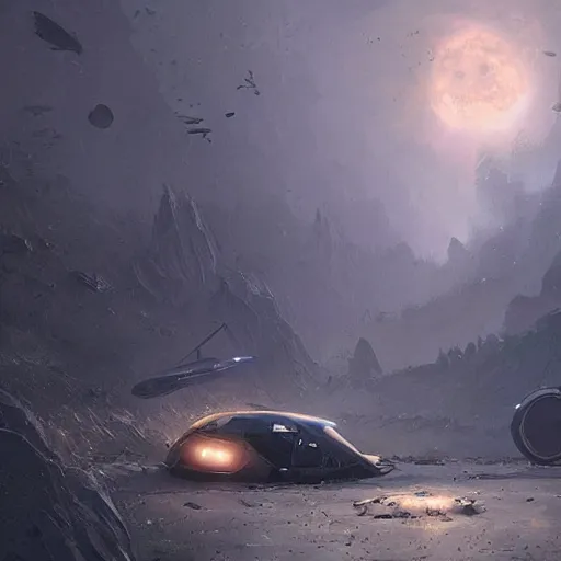 Image similar to crashed ufo in to the ground, concept art, art station landscape, greg rutkowski, cinematic lighting hyper realistic painting, dark atmosphere