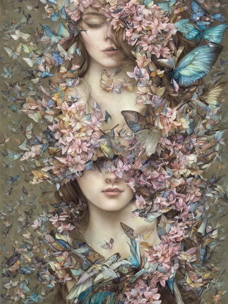 Prompt: a chaotic whirlwind of birds and butterflies, intricate details, aesthetically pleasing and harmonious natural and pastel colors, art by marco mazzoni, impressionism, detailed, dark, wind