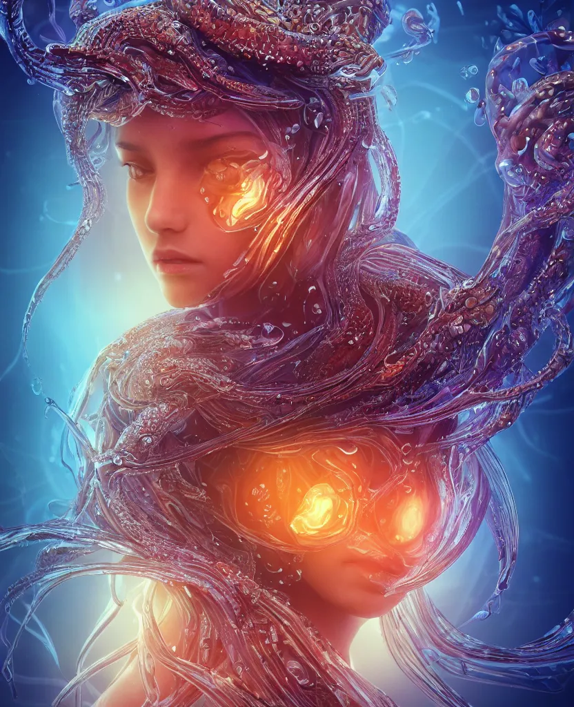 Image similar to close-up macro portrait of the face of a beautiful princess, epic angle and pose, symmetrical artwork, 3d with depth of field, blurred background, cybernetic jellyfish female face skull phoenix bird, translucent, nautilus, energy flows of water and fire. a highly detailed epic cinematic concept art CG render. made in Maya, Blender and Photoshop, octane render, excellent composition, cinematic dystopian brutalist atmosphere, dynamic dramatic cinematic lighting, aesthetic, very inspirational, arthouse. y Greg Rutkowski, Ilya Kuvshinov, WLOP, Stanley Artgerm Lau, Ruan Jia and Fenghua Zhong