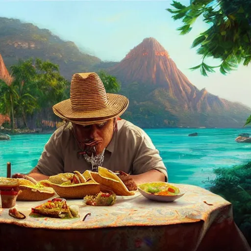 Image similar to epic masterpiece of cinematographic hyperrealism where a mexican with a hat appears eating a taco in the background you can see the seat of san jasinto. realistic shaded lighting poster by craig mallismo, artgerm, jeremy lipkin and michael garmash, unreal engine, radiant light, detailed and intricate environment, digital art, art station trends