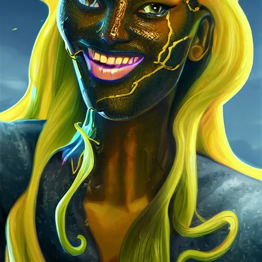 Prompt: medusa portrait painting, vibrtant, colorful, wicked grin, yellow cat eyes, artstation, detailed, blurred background