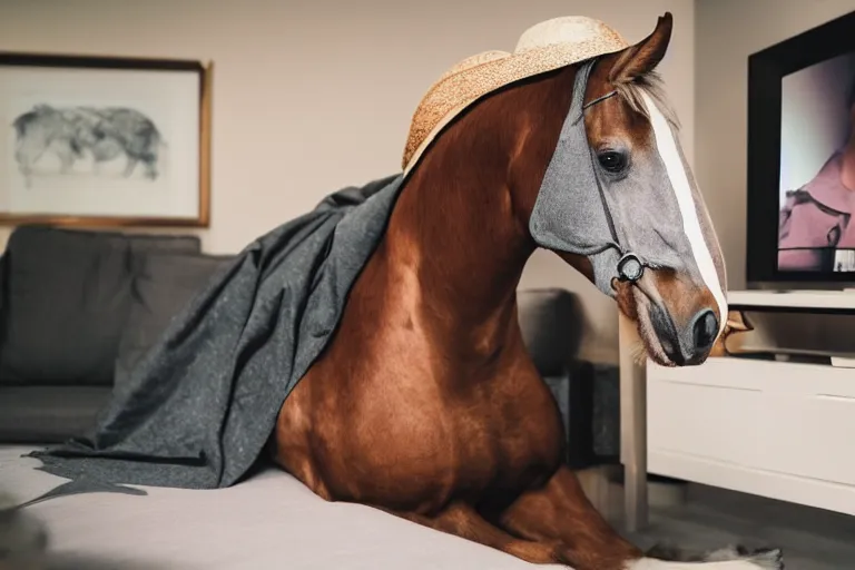 Prompt: a horse with a hat and a shirt and pants while its watching tv on sofa