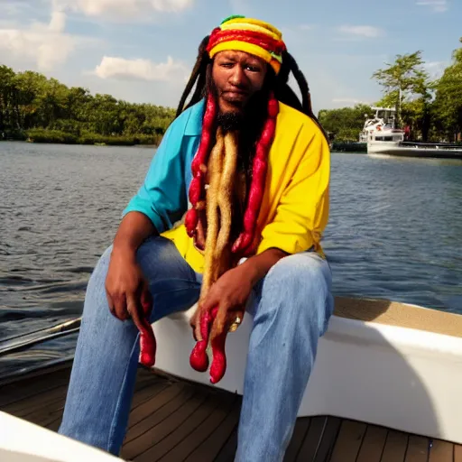 Prompt: rastafarian on a boat with a hotdog