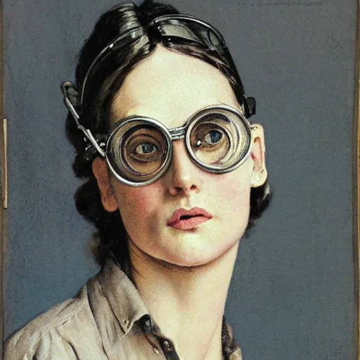 Prompt: frontal portrait of a muscular woman in a long - sleeved linen shirt, wearing vintage engineer goggles, by norman rockwell