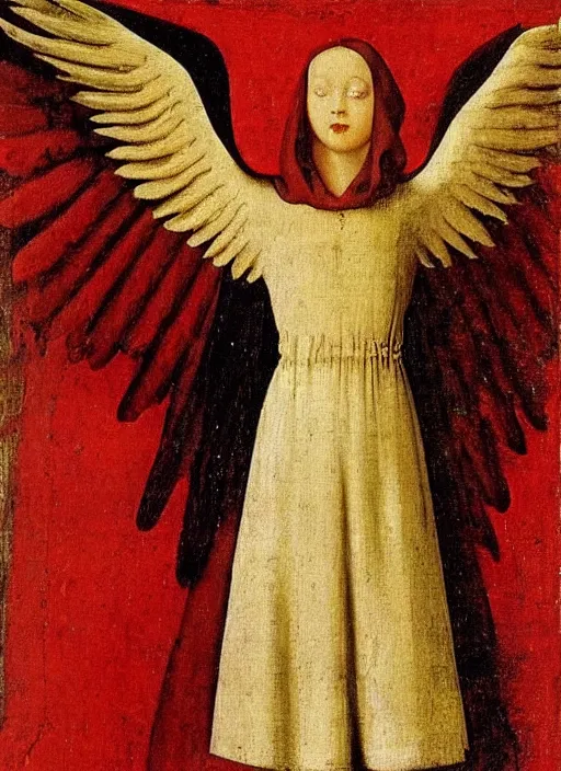 Image similar to Flying Fallen Angel with wings dressed in red, Medieval painting by Jan van Eyck, Johannes Vermeer, Florence