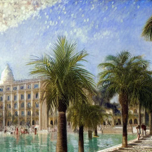 Image similar to a ultradetailed beautiful photo of the amazonas palace designed by jules bastien - lepage, hans belmer, frank weston and gustave baumann, beach, trending on artstation, mediterranean, palm trees, light sparkles, sharp focus, soft light, 8 k 4 k