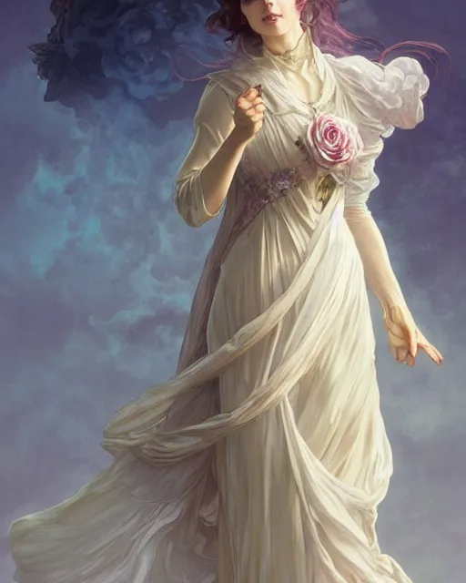 Prompt: woman dressed in a vaporous wrapped large victorian cream roses silk semi-transparent dress fashion is running D&D, fantasy, intricate, elegant, highly detailed, digital painting, artstation, concept art, matte, sharp focus, illustration, art by Artgerm and Greg Rutkowski and Alphonse Mucha