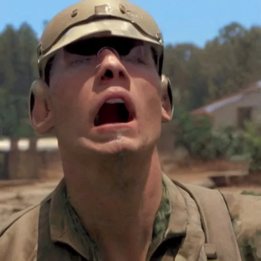 Image similar to Live Action Still of Jerma in Full Metal Jacket, real life, hyperrealistic, ultra realistic, realistic, highly detailed, epic, HD quality, 8k resolution, body and headshot, film still