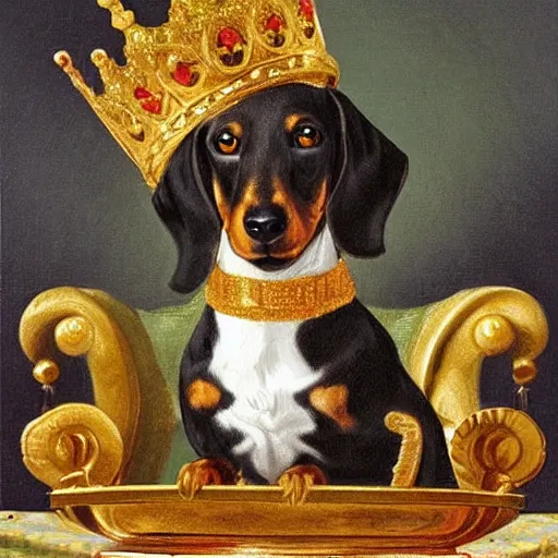 Prompt: Victorian painting of a Dachshund sitting on a golden throne wearing a jewelled crown being fed cooked chicken by an android