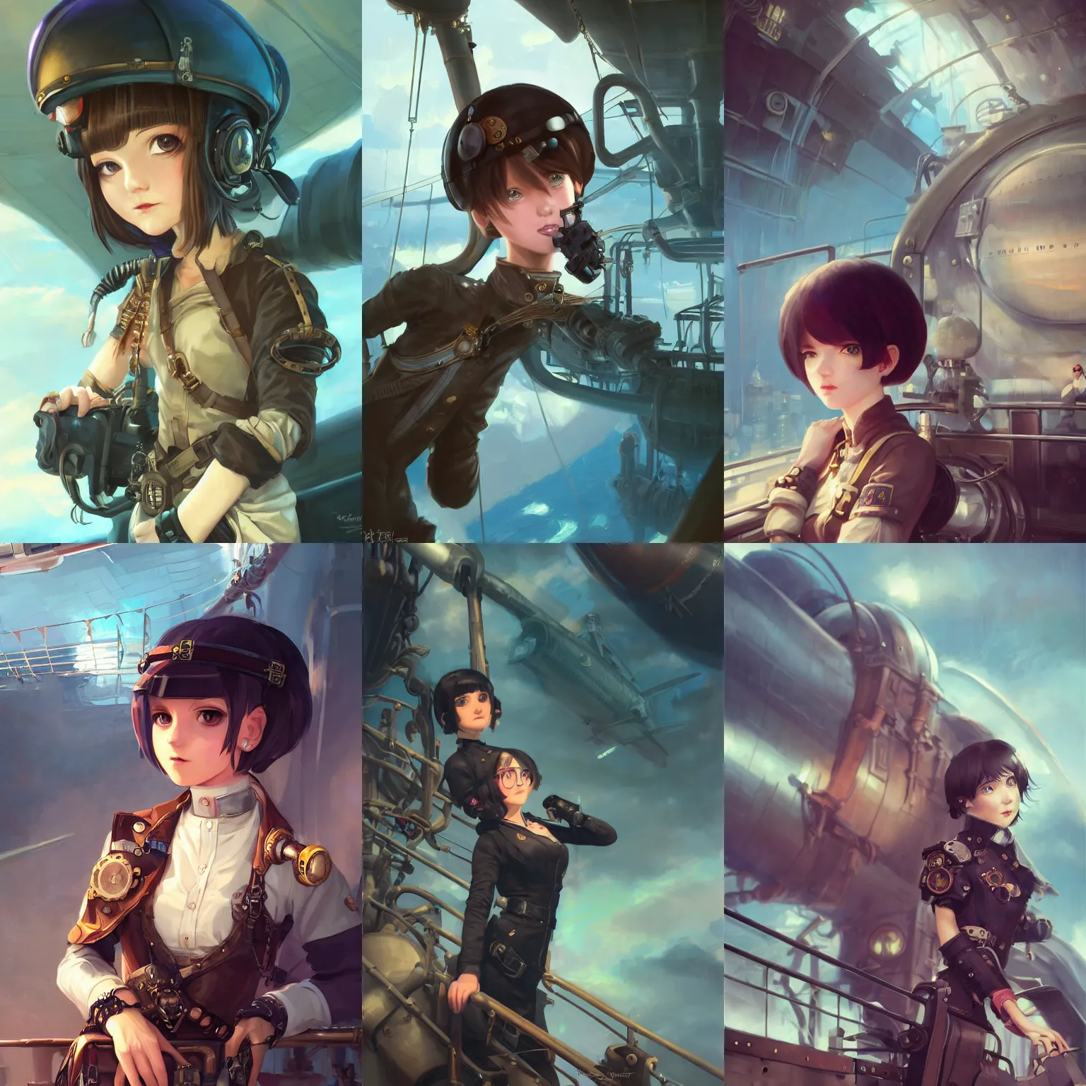 Prompt: a portrait of a cute female air pirate with black bob cut hair leaning against the railing of an airship, steampunk setting, gears, steam, mist, vivid colors, soft lighting, atmospheric, cinematic, moody, in the style of Ilya Kuvshinov and Range Murata, Krenz Cushart, concept art, oil on canvas, 8k