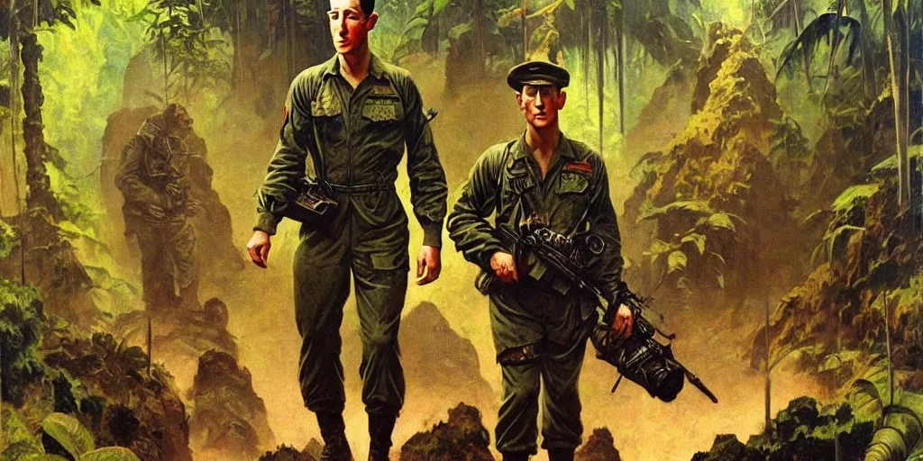 Prompt: frazetta zuckerberg in army uniform full body panoramic portrait textured oil painting jungle background