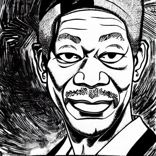 Image similar to morgan freeman, in the style of manga, black and white, highly details, serious, drawn by akira toriyama, trending on artstation