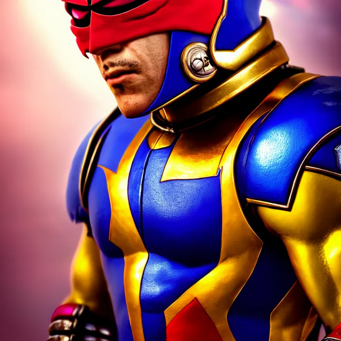 Prompt: cinematic portrait, captain falcon from super smash brothers, sheik mohammad ruler of dubai, head and chest only, thawan duchanee, masterpiece, cinematic composition, dramatic pose, beautiful lighting, sharp, details, hyper - detailed, hd, 4 k