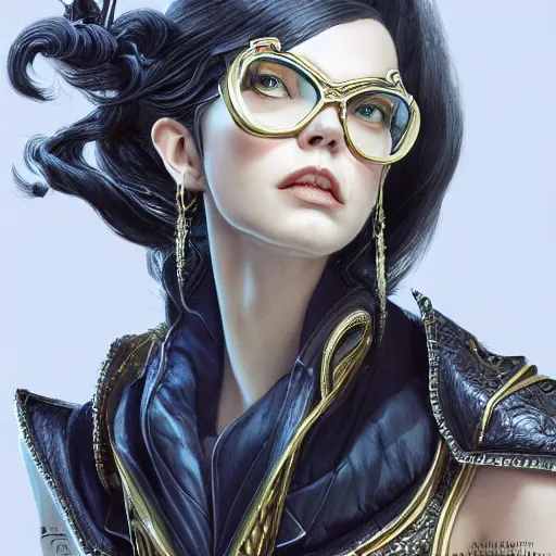 Image similar to a portrait a older anya taylor - joy as bayonetta, urban motifs, intricate, elegant, highly detailed, digital painting, trending on artstation, concept art, smooth sharp focus, illustration, art by artgerm and greg rutkowski