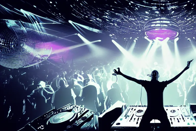 Prompt: beautiful digital art of a dj on stage spinning records with headphones looking over crowd dancing at a club by moebius and hans rudi giger, silhouette, volumetric lighting, haze, moving heads light beams, spot lights, disco ball, trending on artstation, 4k, unreal engine, intricate, ornate