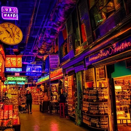 Image similar to inside a store at night, ethereal, ancient, neon lit, cosmic, mysterious