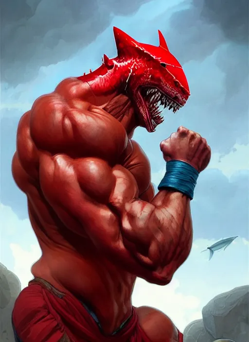 Image similar to portrait of a super muscular red human with a shark head punching a wall, d & d, muscular! fantasy, intricate, elegant, highly detailed, digital painting, artstation, concept art, smooth, sharp focus, illustration, art by artgerm and greg rutkowski and alphonse mucha