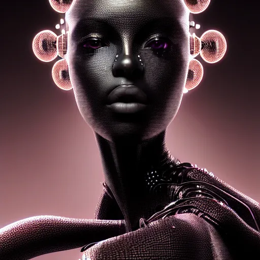 Image similar to portrait of an absurdly beautiful, graceful, sophisticated, fashionable black cyberpunk mechanoid gravure idol, hyperdetailed illustration by irakli nadar, matt wisniewski style, intricate linework, dark black porcelain skin, jellyfish headdress, brown eyes, unreal engine 5 highly rendered, red light, detailed and intricate environment